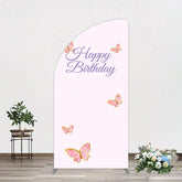 Aperturee - Aperturee Sweet Pink Butterfly Happy Birthday Half Moon Arch Backdrop